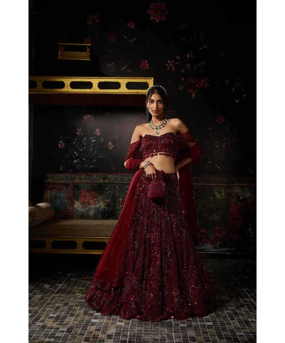 DIYARAJVVIR - MAROON EMBELLISHED 3D FLORAL LEHENGA SET